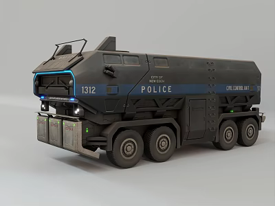 Armored City Police Tactical Utility Vehicle With Multiple Wheels And Blue Stripe 3d model