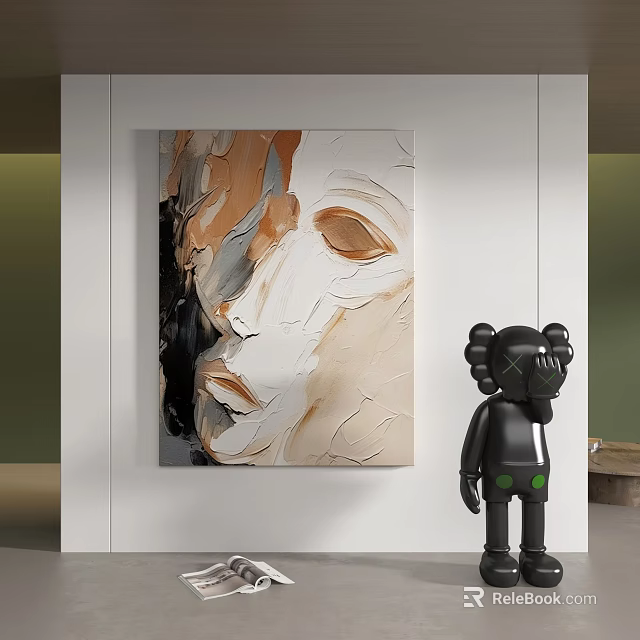 Abstract Painting With Textured Brushstrokes Earth Tones In Modern Interior With Black Decorative Figure 3d model 