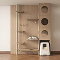 Wooden Cat Tree With Circular Holes Shelves And Litter Box For Pet