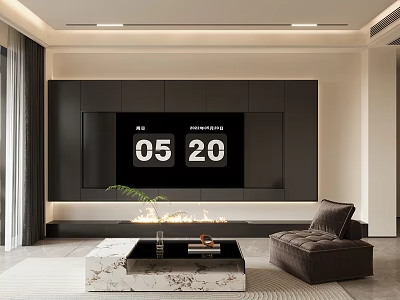 Modern Living Room Interior With Black TV Wall Sofa Coffee Table And Fireplace 3d model