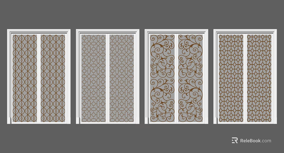 Elegant Sliding Doors With Various Intricate Brown Patterns And White Frames 3d model