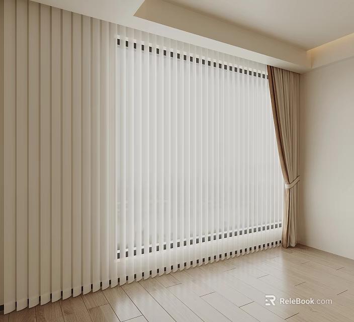 Modern White Vertical Blinds Interior Design With Beige Curtain Panels And Wooden Floor 3d model 