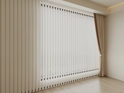 Modern White Vertical Blinds Interior Design With Beige Curtain Panels And Wooden Floor 3d model