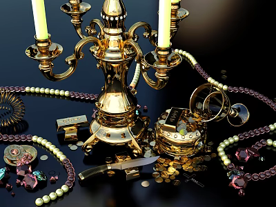 Luxury Vintage Jewelry Collection With Open Ornate Box Pearl Necklace And Gemstones 3d model