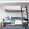 Modern Bunk Bed With White Upper And Gray Lower Bunk Mattress Pillows And Black Ladder