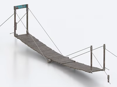 Wooden Plank Suspension Bridge With Metal Supports And Suspension Cables 3d model