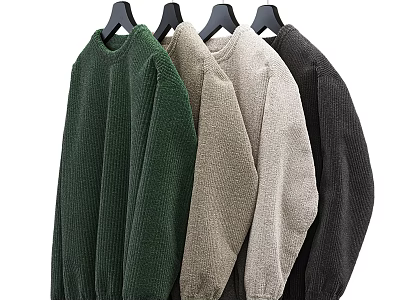 Various Colored Knitted Round Neck Sweaters Hanging On Black Hangers 3d model
