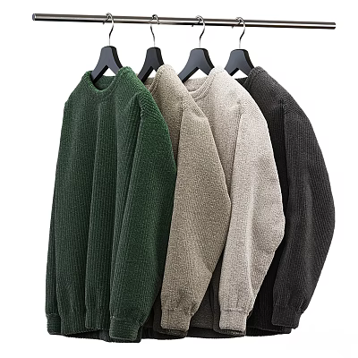 Various Colored Knitted Round Neck Sweaters Hanging On Black Hangers 3d model