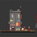 Cartoon Style Miniature Scene With Multi Story Building Yellow Car Red Mailbox And Street Lamp