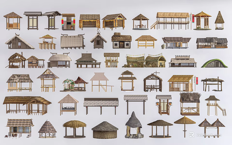 Various Wooden House Models Featuring Traditional Roof Designs And Architectural Structures 3d model 