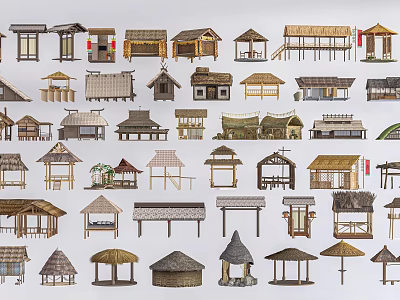 Various Wooden House Models Featuring Traditional Roof Designs And Architectural Structures 3d model