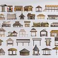 Various Wooden House Models Featuring Traditional Roof Designs And Architectural Structures