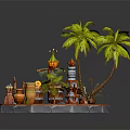 Cartoon Scene With Palm Trees Scarecrow Clay Pots And Wooden Barrels On Circular Platform