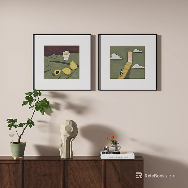 Abstract Paintings with Avocado Lemon Clouds and Cane Shaped Elements in Home Decor 3d model