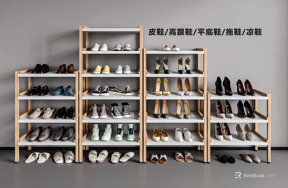 Display of Various Shoes Including Leather Shoes High Heels Flats Slippers Sandals on Wooden Shelves 3d model 