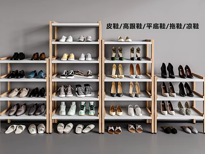 Display of Various Shoes Including Leather Shoes High Heels Flats Slippers Sandals on Wooden Shelves 3d model