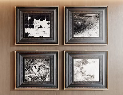 Four Framed Black and White Abstract Paintings on Wooden Wall with Elegant Frames 3d model