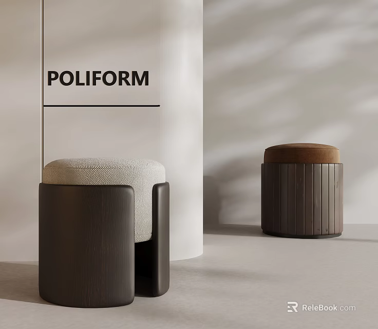 Poliform Modern Stools With Upholstered Seats And Textured Wooden Bases 3d model 