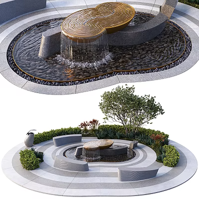 Garden Landscape Design With Circular Water Feature Stones Seating Area And Green Plants 3d model