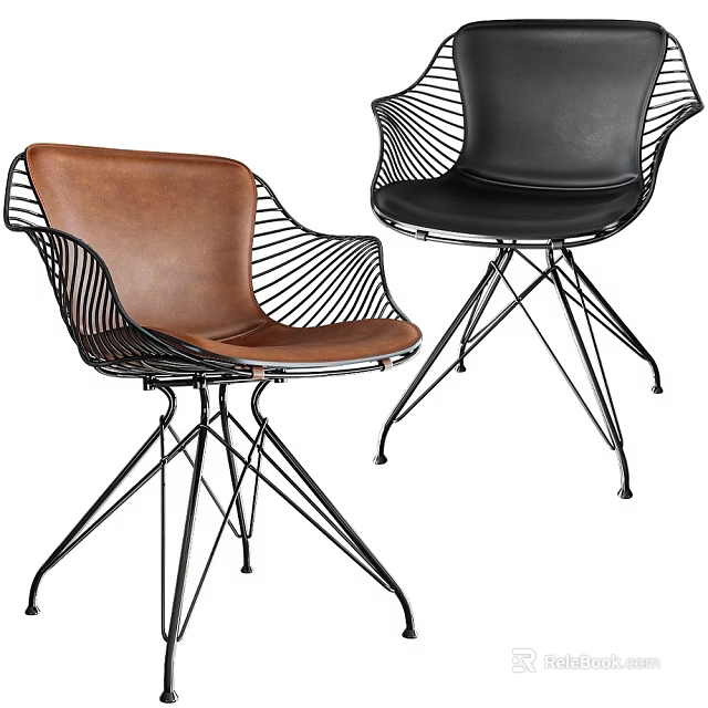Brown and Black Dining Chairs with Leather Seats and Metal Wire Frame Design 3d model 