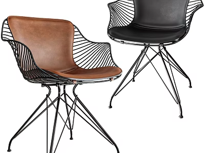 Brown and Black Dining Chairs with Leather Seats and Metal Wire Frame Design 3d model