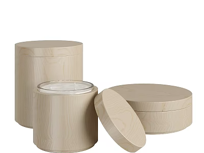 Natural Wooden Cylindrical Storage Boxes With Open Lid And Smooth Surface 3d model