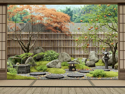 Japanese Zen Garden Design With Bamboo Fence Red Maple Tree Stone Lantern And Moss 3d model