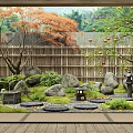 Japanese Zen Garden Design With Bamboo Fence Red Maple Tree Stone Lantern And Moss