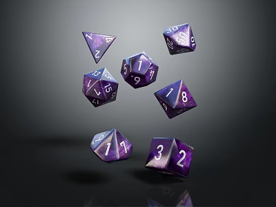 Shiny Purple Polyhedral Dice With Numbers Floating On Dark Background 3d model