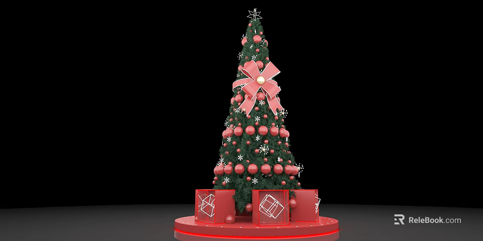 Decorated Christmas Tree With Red Bow Ornaments And Gift Boxes On Stand 3d model 