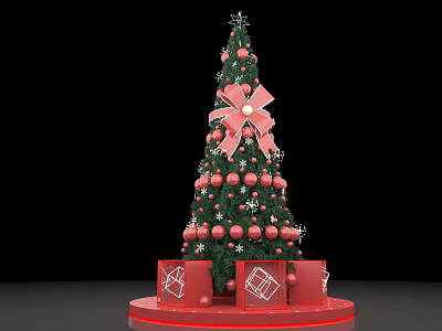 Decorated Christmas Tree With Red Bow Ornaments And Gift Boxes On Stand 3d model