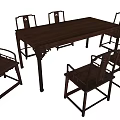 Chinese Style Wooden Dining Table Set with Rectangular Top and Carved Chairs 3d model