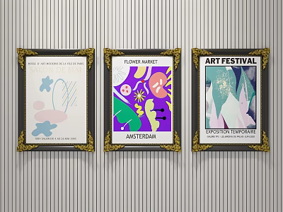 Three Decorative Paintings With Abstract Designs Flower Market Amsterdam Art Festival Themes And Golden Frames 3d model