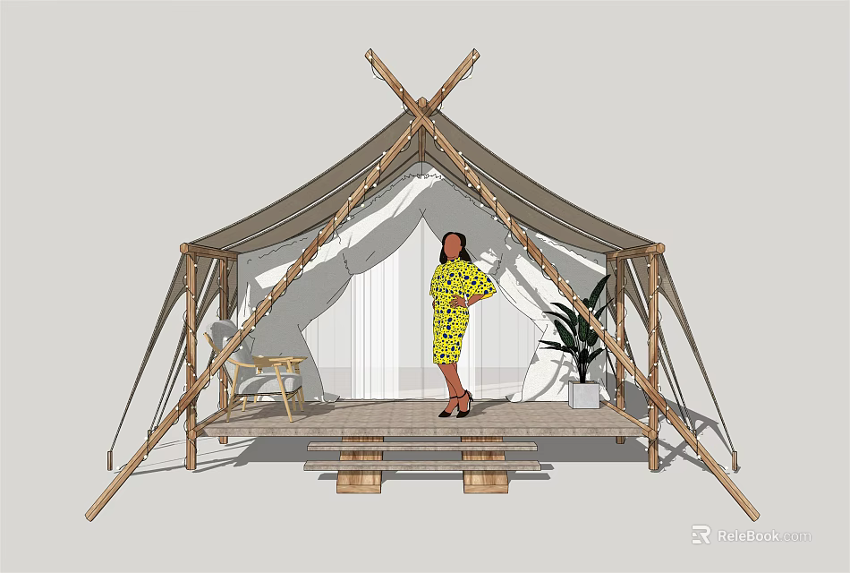 Wooden Frame Canvas Tent on Platform with Person Plant Table and Chair 3d model 
