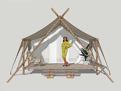 Wooden Frame Canvas Tent on Platform with Person Plant Table and Chair 3d model