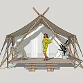 Wooden Frame Canvas Tent on Platform with Person Plant Table and Chair
