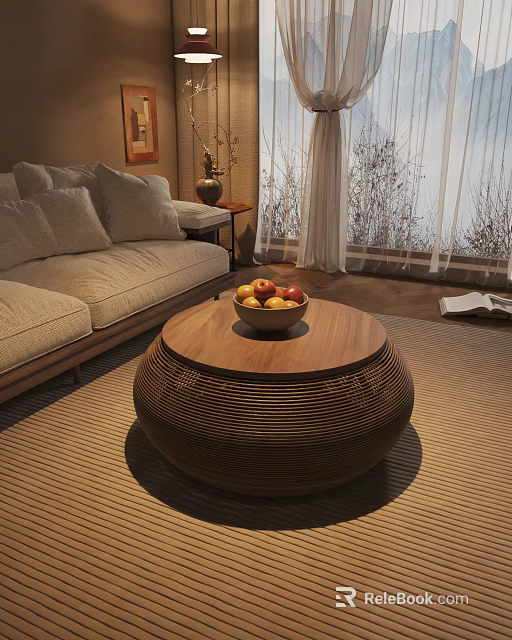 Round Wooden Coffee Table With Woven Texture And Fruit Bowl In Cozy Living Room 3d model 