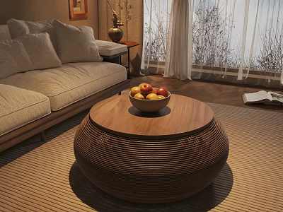 Round Wooden Coffee Table With Woven Texture And Fruit Bowl In Cozy Living Room 3d model