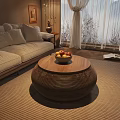 Round Wooden Coffee Table With Woven Texture And Fruit Bowl In Cozy Living Room