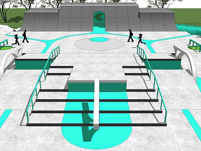 Skate Park Design With Ramps Stairs Rails Blue Pathways And Trees 3d model