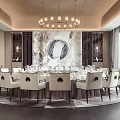 Elegant Private Dining Room With Round Table White Chairs Chandelier And Marble Backdrop