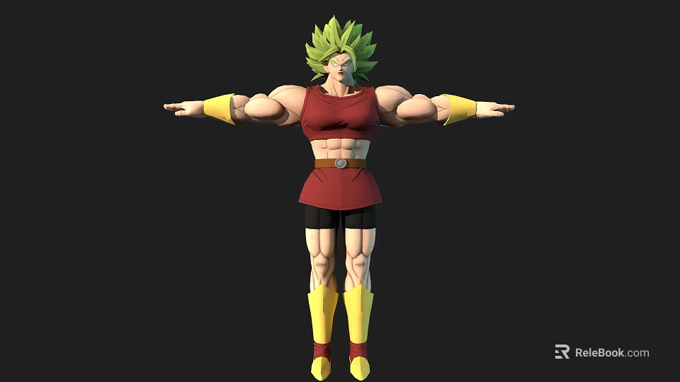 Muscular Game Movie Character With Green Hair Red Top Black Shorts And Yellow Boots 3d model 