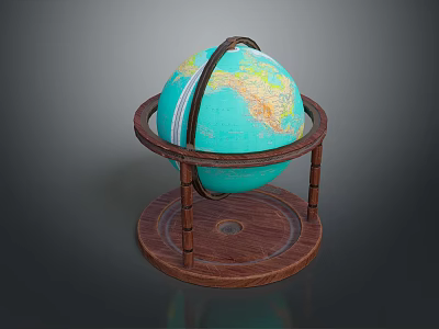 Blue Globe with Yellow Continents on Circular Wooden Rotating Stand Base 3d model