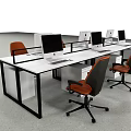 Modern Office Desk Setup with White Surface Black Frame Multiple Computer Monitors and Orange Chairs 3d model