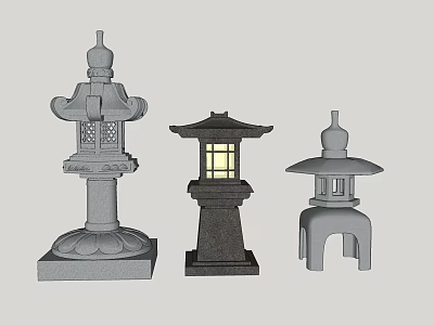 Three Different Designed Japanese Style Outdoor Stone Lanterns With Illuminated Windows And Various Bases 3d model