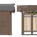 Chinese Traditional Scenic Wall With Wooden Structure Tile Roof And Bamboo Lattice Door