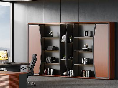 Modern Office Desk With Ergonomic Chair Wooden Bookshelf Featuring Books Decorative Items And Potted Plant 3d model