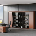 Modern Office Desk With Ergonomic Chair Wooden Bookshelf Featuring Books Decorative Items And Potted Plant