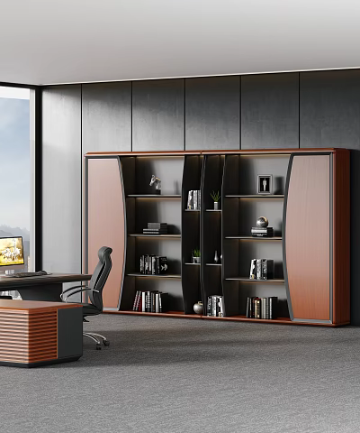 Modern Office Desk With Ergonomic Chair Wooden Bookshelf Featuring Books Decorative Items And Potted Plant 3d model