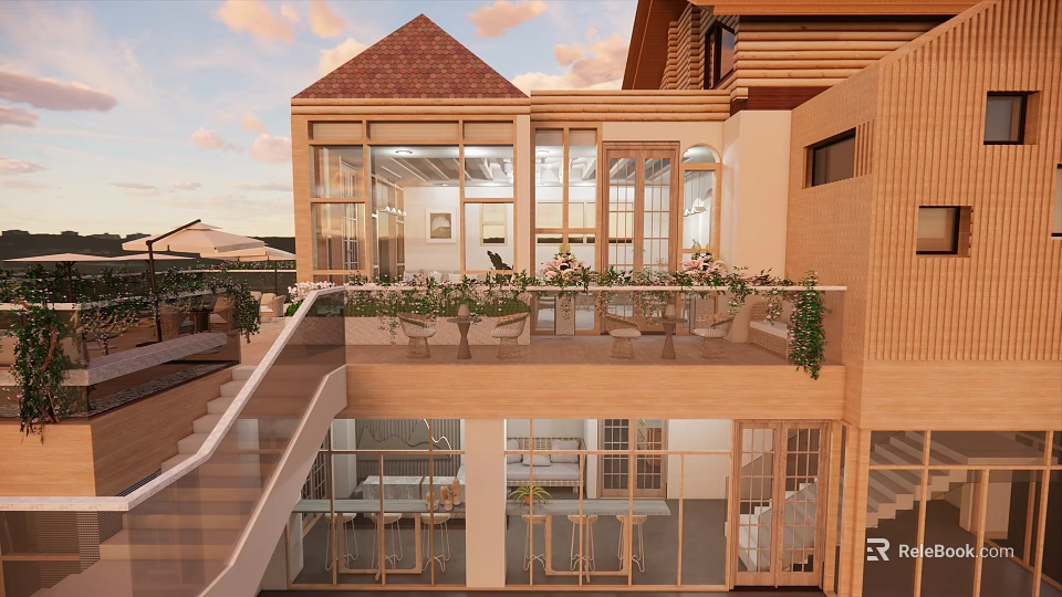 Modern Restaurant Exterior With Wooden Structure Large Windows Green Plants And Terrace Design 3d model 